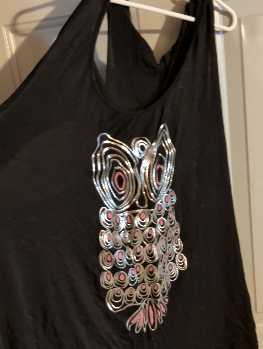Black Tank Top Hoodie with Silver & Pink Owl Detail